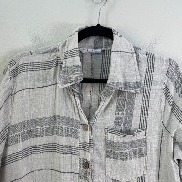 Saga Womens OS Made In Italy 100% Linen Striped Long Shirt Tunic Top Button Back - Picture 9 of 12
